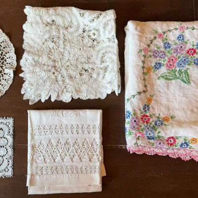 Antique Belgium Lace Doily - Hand Embroidered Card Table Cover - Lace Hand Towel 