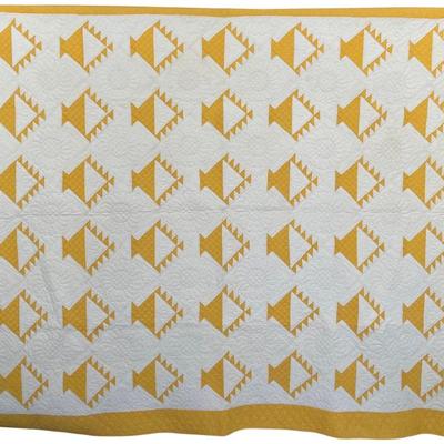 86" X 74" Antique Hand Pieced And Quilted Yellow Basket Pattern Quilt With White Back
