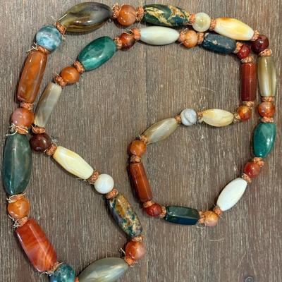 Vintage Real Stone Bead 32 Inch Necklace - Carnelian - Agate - Quartz