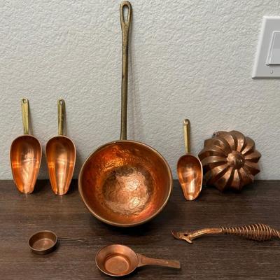 Large Copper Laddle - (3) Copper Scoops - Antique Stove Lid Lifter - Gelatin Mold - Small Scoops Switzerland
