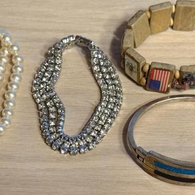 (4) Bracelets Faux Pearl W Sterling Silver Clasp - Rhinestone, Stretch Tiles & Mexico Onyx & Crushed Turquoise