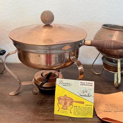 (3) Vintage 60's Copper Pot Fondue - Douro Copperware Schaefer And Copper & Brass Sterno's 