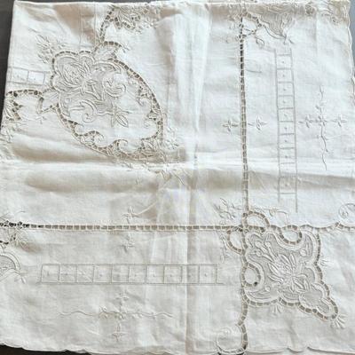 Gorgeous Antique Cutwork Lace & Cotton Embroidered Table Cloth - 62" X 50" 