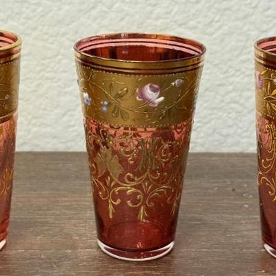 (3) Victorian Bohemian Czech Red Glasses Hand Painted Raised Flowers 