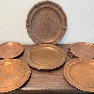 (6) Antique Copper Chargers (3) Small Trays One Sigg Switzerland (1) Intricately Engraved Copper Wall  Hanging