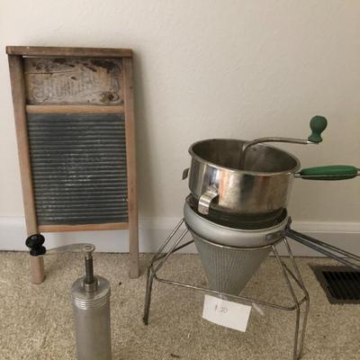 Vintage aluminum strainer, washboard and ATECO cookie press. $5-$20