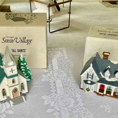 028-LR: Department 56 Snow Village “All Saints” Church and “Gothic Farmhouse”