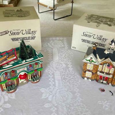 029-LR: Department 56 Snow Village “Hershey’s Chocolate Shop” and “Christmas High School”