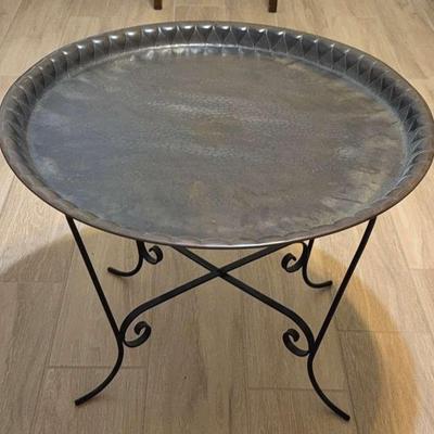 23” Round Hammered Tin Table With Stand And Tray