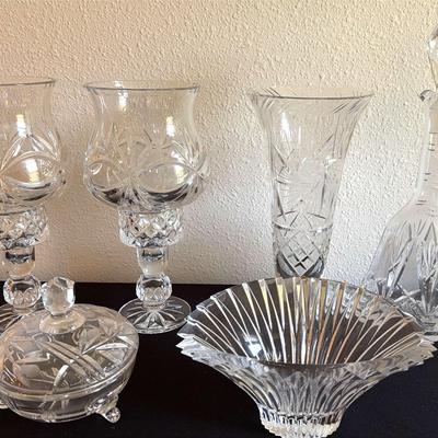 Glass And Crystal Hurricane Lamps, Vase, Decanter, Dish And Bowl