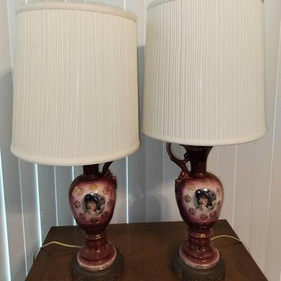 A Pair of 1900's Renee China Royal Crown Portrait Lamps 