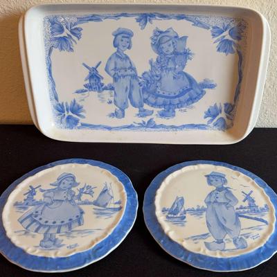 Hand-Painted Vintage Ceramic Tray And Plates