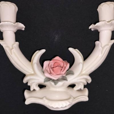 Karl Ens Antique Porcelain Pink Rose 2-Arm Candle Holder Green Mark Thuringia, Germany
#1