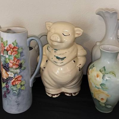 Assortment Of Vintage Hand Painted Vases, Pitchers, Cookie Jars, And Figures By Fitz & Floyd + More