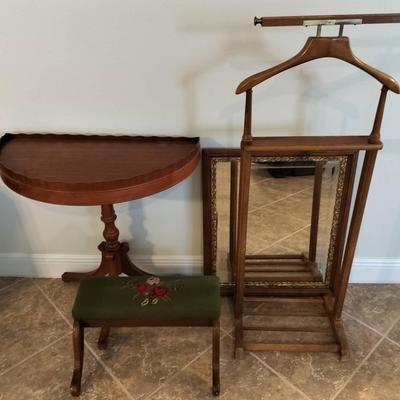 Vintage Wooden Upholstered Foot Stool, Half Circle Table, Framed Mirror, And Butler Valet Stand