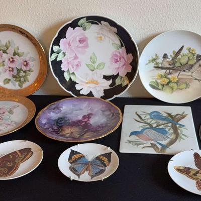 Lot Of Hand Painted Porcelain Plates, Butterfly, Flowers, Animals