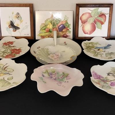 Set Of 10 Hand Painted Ceramic Plates Signed By Johnnie Tweten + 3 Painted Tiles