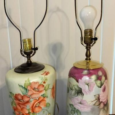 Set Of Hand Painted Porcelain Floral Patterned Vintage Working Lamps Without Shades