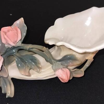 Karl Ens Antique Porcelain Pink Rose Cornucopia Vase Green Mark Thuringia, Germany