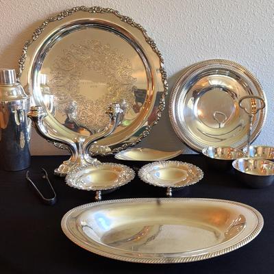 Silver Plated Candlestick, Plates And Serving Bowls