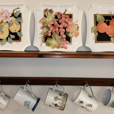 Vintage Wooded Display Shelf + 3 Hand Painted Vintage Plates & 5 Decorative Mugs