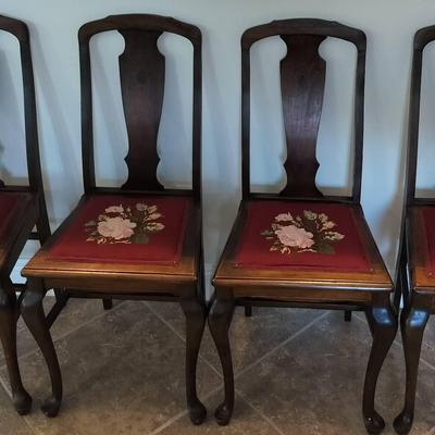 Set Of 4 Vintage Handcrafted Floral Pattern Upholstered Wooden Chairs