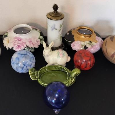 Collection Of Vintage Decorative Hand Painted Figures, Stained Glass Ornaments, Vases, Lamp, & More
