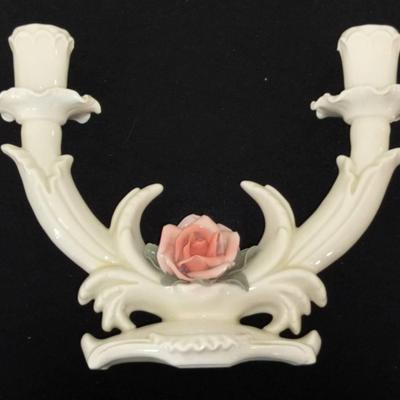 Karl Ens Antique Porcelain Pink Rose 2-Arm Candle Holder Green Mark Thuringia, Germany
#2