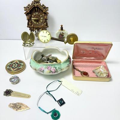 Vintage Vanity Articles: Perfume Bottles, Compact, Lux Cuckoo Clock, More