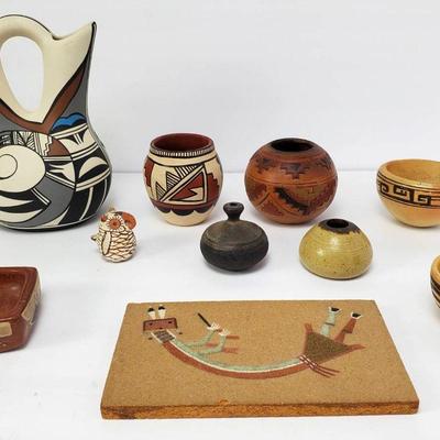 Hopi Bird Native American Wedding Vase 8”h, Jemez Pueblo 3” Bowl By M Toya, Sand Painting & More
