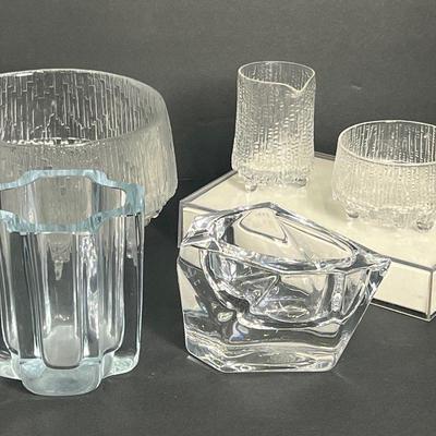 Iitala Ultima Thule 6” Dia Bowl, Creamer & Sugar; Strombergshyttan Vase 4”h, Daum Block Ashtray