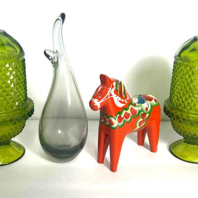 Nils Olsson 5.5” Dala Horse, Pair Green Viking Glass Fairy Candle Holders, Holmegaard Duck Bill Vase