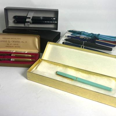 Vintage ARPEGE & CHANEL No.5 14KT Gold Pens in Original Box, Balmain Paris Pen & Pencil Set, More