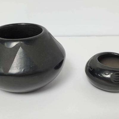 Black On Black Native American Pottery Signed By Lupita Martinez 3.5” & Geraldine Gutierrez 1.5”