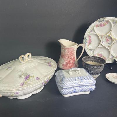 Haviland Limoges Oyster Plate & Covered Bowl, Meakin Pitcher & Lidded Box
