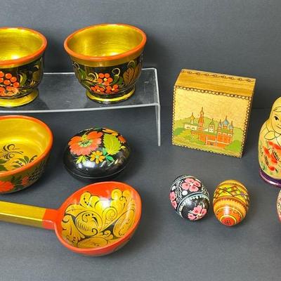 Russian Nesting Dolls, Lacquerware Bowls & Ladle, Eggs & Box