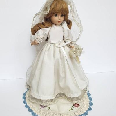 Vintage 1940's Bridal Doll 14", Composite & Vintage Doily 12"