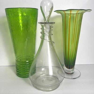 Green Art Glass Vases 11-11.25”h, Plus Decanter