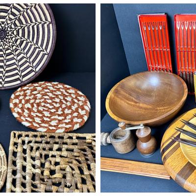 Vintage Wood & Woven Serving Ware: Basket. Pepper Mill, Trivets, Fondue Skewers, More