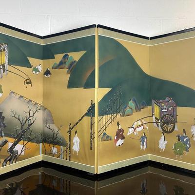 Vintage Asian Silk Folding Screen – Hand-Painted 4-Panel (17x36") Room Divider
