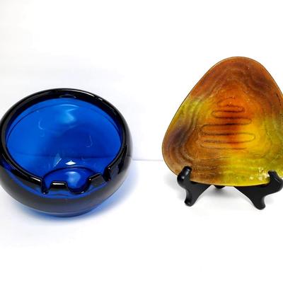 Vintage Blue Viking Glass Orb Ashtray & Enameled Metal Catch All Dish