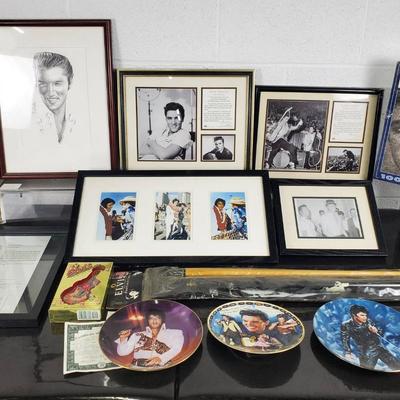 Elvis Presley Memorabilia – Pool Cue with Case, T-Shirt, Framed Photos, Collector Plates & More