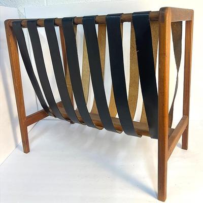 Danish Modern Teak Magazine Rack With Leather Straps