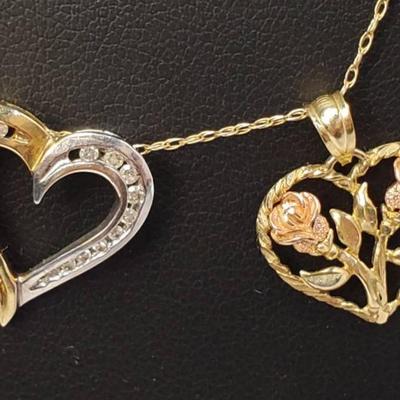10K Gold Bi-Color Diamond Heart & Floral Heart Pendants, Plus 18" Chain Necklace