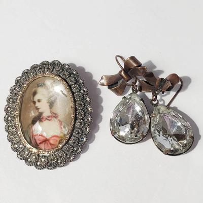 Vintage Sterling Silver Marcasite Cameo/Pendant 1 3/4"x1 1/4" & Crystal Earrings 