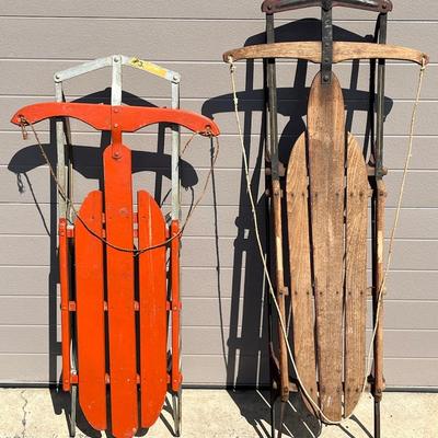 Vintage Wooden Flexible Flyer Sleds with Steel Runners – Collectible Pair, 21x51x6” & 22x45x5"