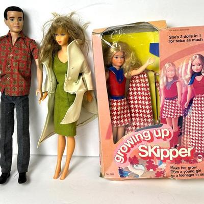 Vintage Barbie Dolls: Flocked Hair Ken, Growing Up Skipper NRFB, Straight Leg Barbie