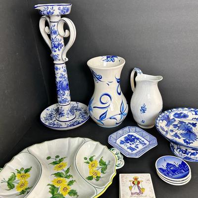 Blue & White & More Ceramics: 16.5” Candle Holder Made In Italy, Royal Copenhagen Pitcher, More