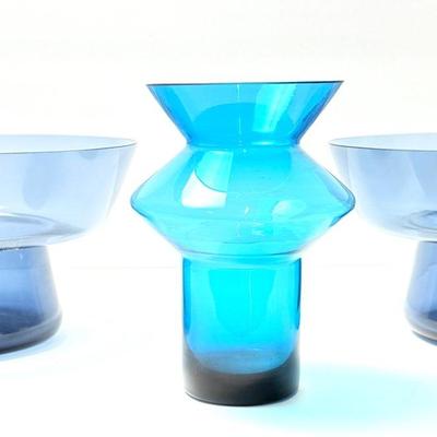 Helena Tynell-Style Art Glass Vase 6”h & 2 Bowls 8.5” Diameter