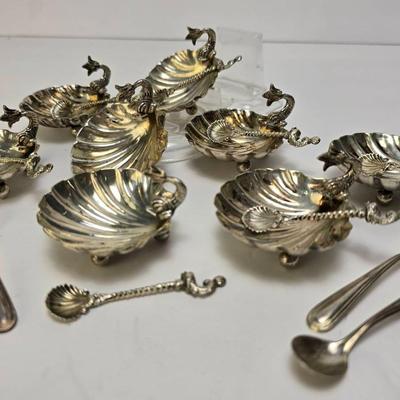 800 Silver (Marked) Dolphin & Shell Salt Cellars with Spoons & 925 Master Salt Spoons